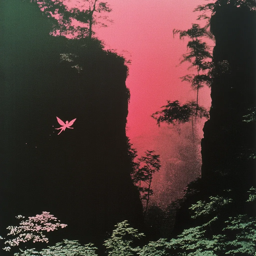 A pink-hued twilight scene is depicted between two dark, silhouetted cliffs.  A small, pink fairy figure is shown in flight in the center, adding a mystical element.  The cliffs are densely forested at their bases, with the trees appearing almost luminescent against the dark rock. The overall mood is serene yet slightly mysterious, suggesting a hidden, fantastical world.