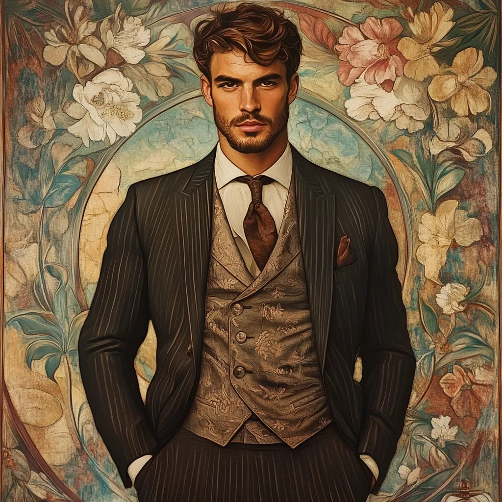 A stylized portrait depicts a man in a dark pinstripe suit and waistcoat.  His attire is complemented by a burgundy tie and a patterned vest.  He possesses a strong jawline and dark, styled hair. The background features an ornate, Art Nouveau-inspired design of pale and warm-toned flowers within a circular frame, creating a rich and sophisticated aesthetic. The overall style blends realism with painterly effects.
