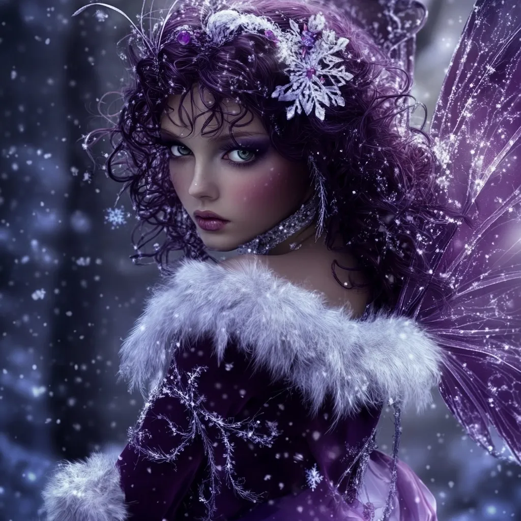 A digital painting depicts a winter fairy.  She has long, curly purple hair adorned with a snowflake tiara, and wears a purple velvet dress trimmed with white fur.  Delicate, iridescent wings extend from her back.  Snowflakes fall around her, creating a magical, ethereal atmosphere in a dark, wintry forest.  Her expression is serious, almost pensive,  and her gaze is directed over her shoulder at the viewer. The overall effect is one of enchanting beauty and fantasy.