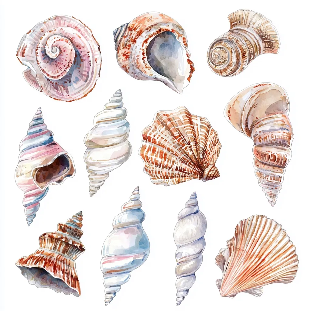 Here's a description of the image:

The image showcases a collection of twelve seashells, meticulously rendered in watercolor.  Each shell is unique in shape, color, and pattern, displaying a variety of textures and spiraling forms. The colors range from soft pinks and creams to rich browns and oranges.  The shells are presented against a clean white background, allowing their details to stand out prominently.  The overall style is delicate and evocative of a beach setting.
