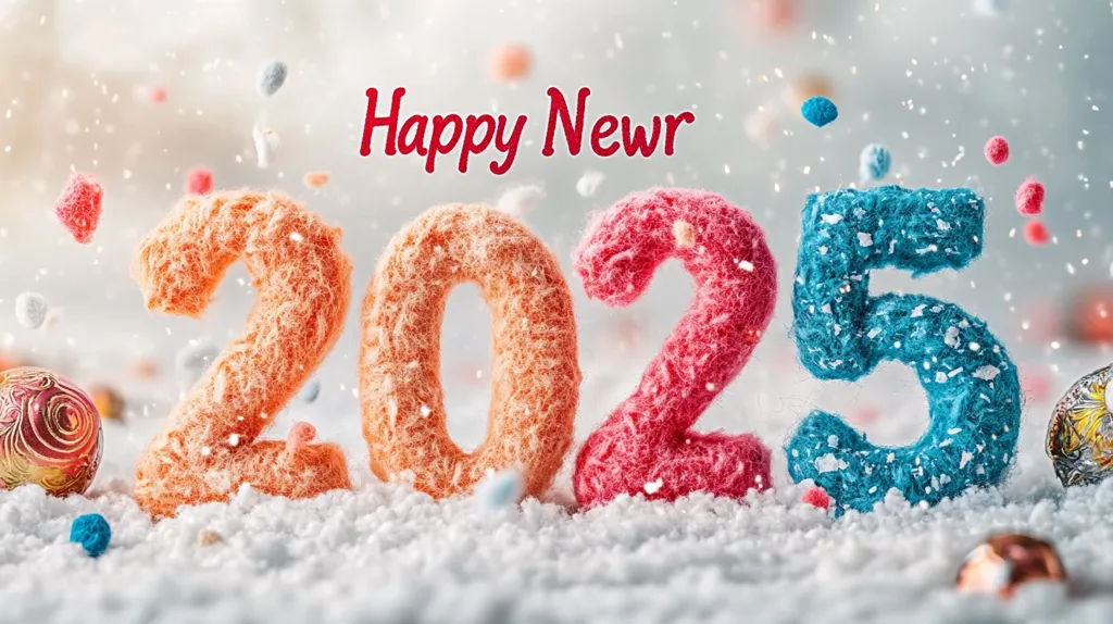 Here's a description of the image:

The image is a festive New Year's greeting for 2025.  The numbers "2025" are crafted from textured, yarn-like material in varying pastel colors: orange, pink, and teal.  They sit nestled in a bed of artificial snow, with colorful, small, spherical decorations scattered around and falling lightly like snow. The words "Happy Newr" (with a slight typo) are superimposed in red script above the numbers, adding to the celebratory mood. The overall effect is soft, cheerful, and whimsical.
