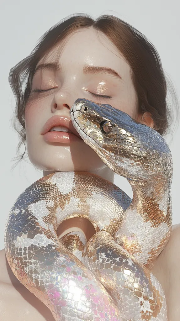 Here's a description of the image:

The image is a stylized digital artwork or rendering depicting a young woman with closed eyes, her face gently pressed against a large, iridescent snake. The snake, primarily in shades of gold and white with a pearlescent sheen, is wrapped around her neck and shoulders. The woman's skin is pale and smooth, her makeup subtly enhances her features. The overall aesthetic is serene yet slightly surreal, with a soft lighting emphasizing the smooth textures of both skin and snake scales.  The background is a plain, off-white, drawing focus to the central figures.
