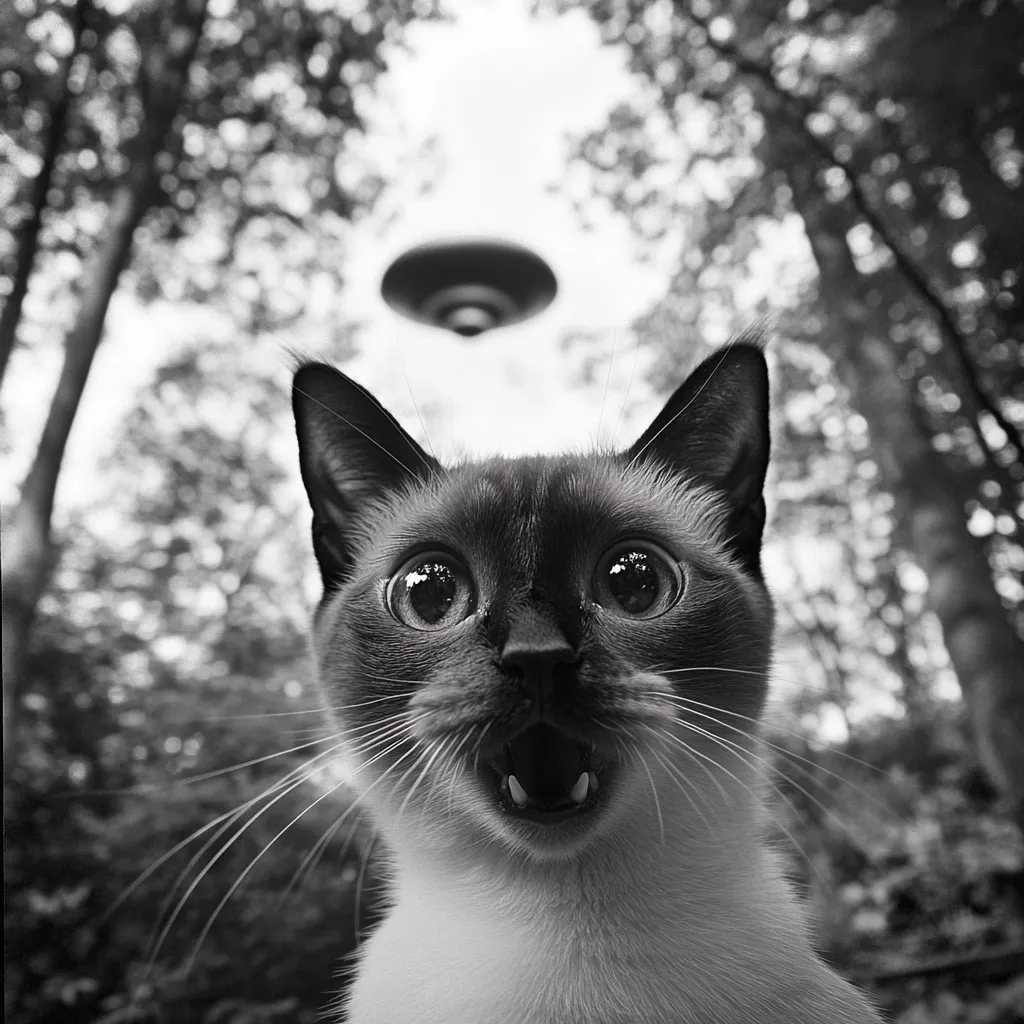 Here's a description of the image:

A black and white close-up shot features a Siamese cat with wide, startled eyes and an open mouth, positioned in the foreground. Its whiskers extend outward.  The background is blurred but shows a wooded area with trees reaching up to a sky where a flying saucer-shaped object hovers, suggesting an otherworldly encounter. The overall effect is humorous and slightly surreal.