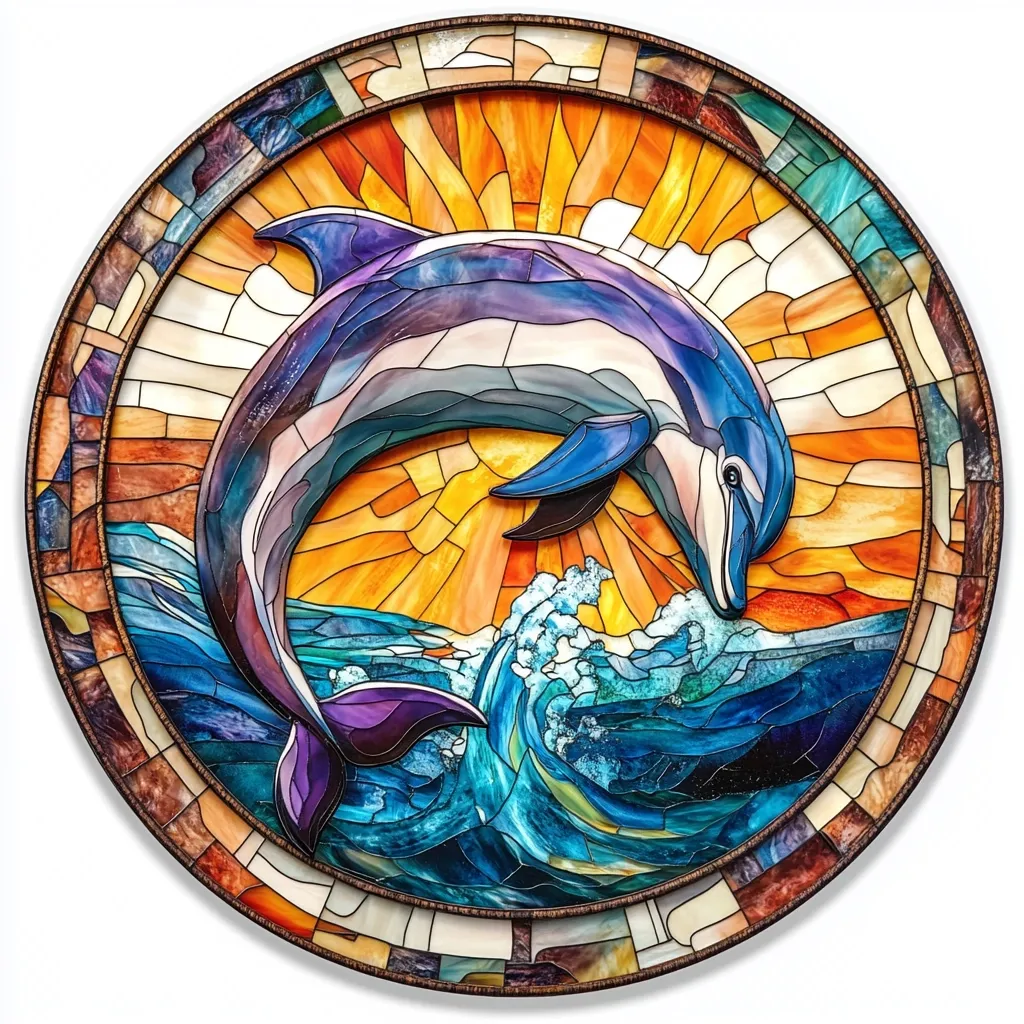Here's a description of the image:

A circular stained-glass artwork depicts a dolphin leaping from vibrant ocean waves. The dolphin, rendered in shades of purple, blue, and white, is positioned against a backdrop of a sunrise, with warm oranges and yellows contrasting with the cool blues and greens of the water. The detailed craftsmanship showcases a variety of glass textures and colors, creating a dynamic and luminous effect.  A decorative border of smaller, intricately colored glass pieces frames the central scene. The overall style is reminiscent of traditional stained glass, yet with a modern vibrancy.