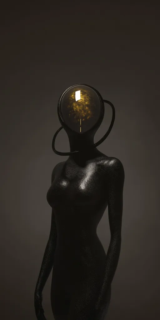 Here is a description of the image:

The image shows a dark, stylized figure resembling a mannequin or sculpture. Its body is a deep black, seemingly smooth but with a subtle texture. The figure's head is encased in a circular, dark helmet or headpiece containing a glowing, golden-yellow interior that resembles a nebula or celestial event.  A thin, dark band encircles the head, forming a halo-like effect around the luminous center. The overall aesthetic is dark, mysterious, and suggestive of science fiction or fantasy. The background is a plain, dark gray, focusing attention on the central figure.