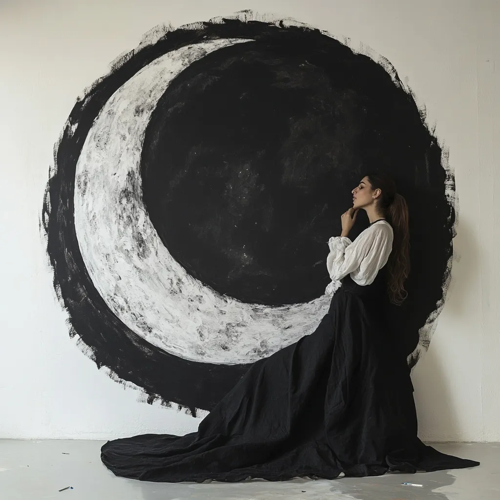 A woman in a long black gown sits before a large, painted crescent moon on a white wall.  The moon is rendered in black and white, with a textured, painterly style. The woman's pose is contemplative, her gaze directed away from the viewer. The overall aesthetic is dramatic and evocative, suggesting themes of mystery and celestial beauty. The contrast between the dark gown and the bright wall further emphasizes the focal point of the painted moon.