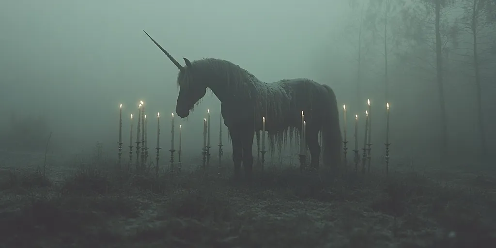 A dark, silhouetted unicorn stands in a misty forest clearing, surrounded by several lit candles on ornate candle holders.  The scene is shrouded in fog, giving it an eerie, almost mystical atmosphere. The unicorn's coat appears frosted or wet, enhancing the somber mood. The overall tone is dark, mysterious, and evocative of fantasy and folklore.