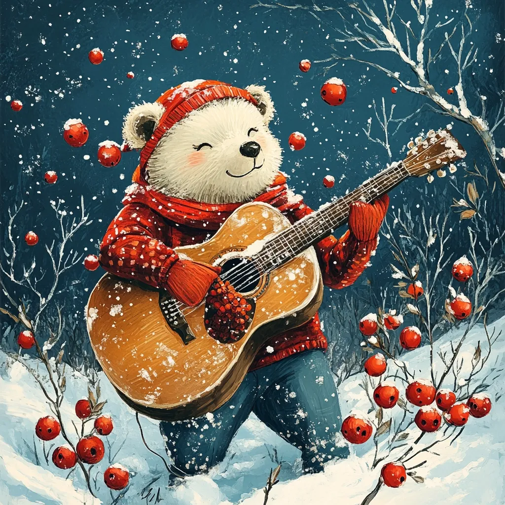 A cheerful polar bear, wearing a red knit hat and scarf, plays an acoustic guitar in a snowy winter scene.  Red berries adorn snow-covered bushes surrounding the bear.  Snow gently falls, creating a magical, festive atmosphere. The bear's expression is joyful, suggesting a heartwarming winter melody. The artwork is vibrant and features painterly texture, emphasizing the winter wonderland setting.