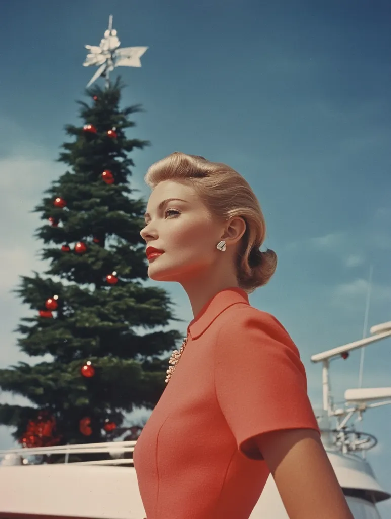 Here is a description of the image:

A stunning blonde woman, elegantly styled in a vibrant coral dress with a Peter Pan collar, stands in profile against a backdrop of a beautifully decorated Christmas tree and a portion of a yacht.  The setting appears to be outdoors, under a clear blue sky. Her hair is neatly coiffed, and she wears simple, understated earrings. The overall aesthetic is one of classic mid-century glamour, with a touch of festive cheer. The image is sharply focused, with rich color saturation, lending to a timeless and sophisticated feel.