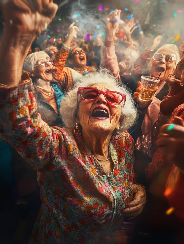 Here's a description of the image:

The photograph captures a lively scene at a concert or party, brimming with energy.  A group of elderly women, many with arms raised, are joyfully participating, their faces alight with excitement. The central figure, an older woman in a vibrant floral blouse and pink sunglasses, is singing along with gusto, her arm raised high. Confetti or sparkles rain down, adding to the celebratory atmosphere. The overall mood is one of uninhibited fun and vitality, defying age stereotypes.  The scene is slightly blurred, creating a dynamic sense of movement.