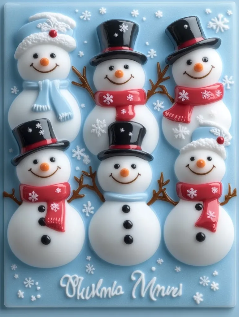 Here's a description of the image:

A light blue rectangular plaque features six charming snowmen arranged in two rows.  Three snowmen wear top hats, and three wear winter caps. Each snowman has a cheerful expression and is adorned with a scarf in either red or light blue.  Small snowflakes are scattered across the background. The bottom of the plaque is inscribed with "Olkkala Minnes," likely a name or place. The snowmen are meticulously detailed, giving a three-dimensional appearance against the pale blue backdrop.