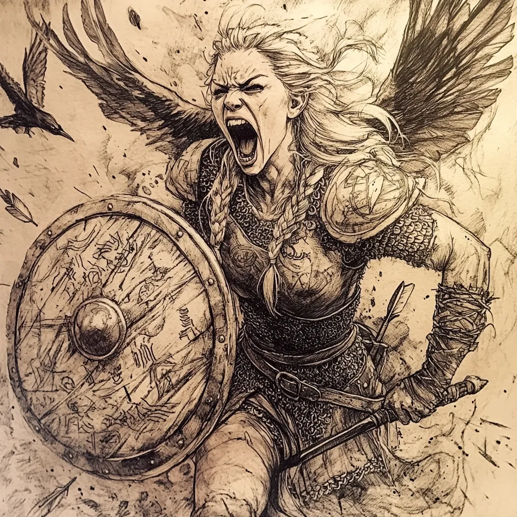 A striking monochrome drawing depicts a fierce female warrior, possibly a Valkyrie, in the midst of battle.  She screams with a powerful expression, her long braided hair flowing behind her.  Large, feathered wings sprout from her back, and she holds a rune-inscribed shield and weapon.  The style is detailed and dynamic, capturing a sense of movement and aggression.  Two ravens are visible in the background, adding to the mythical and violent atmosphere. The overall effect is one of raw power and primal energy.