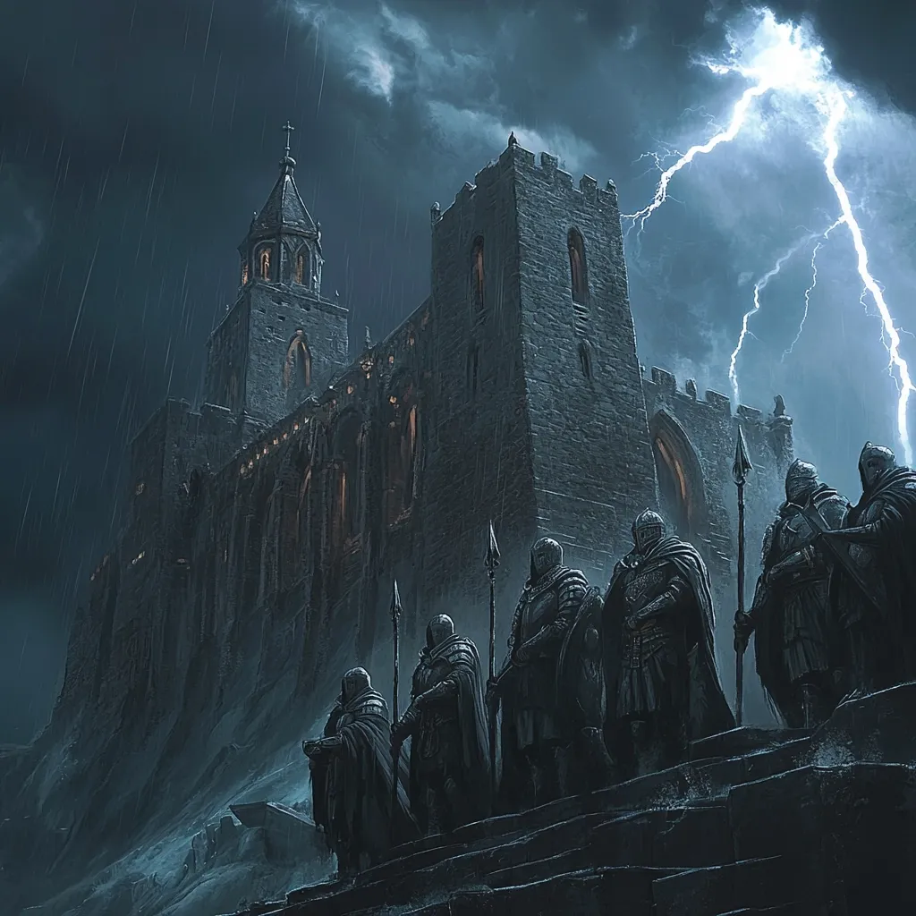 A dramatic digital painting depicts a formidable stone cathedral under a stormy night sky.  Lightning illuminates the scene, highlighting a group of cloaked and armored figures standing on a stone staircase before the building. They carry spears, their dark attire blending with the ominous atmosphere.  Rain lashes down, enhancing the sense of foreboding and adding to the medieval, almost fantasy-like setting. The overall mood is dark, powerful, and mysterious.