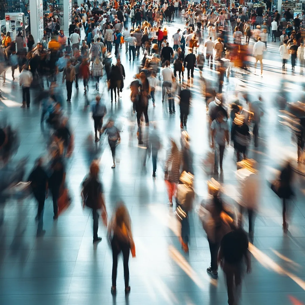 Here's a description of the image:

The photograph depicts a bustling crowd of people moving through a large, bright interior space, possibly a terminal or shopping mall.  The image is characterized by motion blur, creating a sense of energy and dynamism.  Individual figures are indistinct, represented as streaks of color and shape, highlighting the sheer volume of people. The floor is light-colored and reflective, enhancing the overall impression of movement. The scene conveys a feeling of anonymity and the constant flow of urban life.
