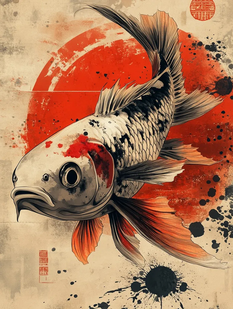 The image is a stylized artwork depicting a Koi fish against a backdrop of an abstract red sun and splattered ink.  The fish is rendered in a detailed, almost photorealistic manner, contrasting with the loose, painterly background.  The color palette is primarily muted earth tones with splashes of vibrant red and orange in the fish's fins and the background sun.  The overall style suggests a blend of Japanese art influences with a modern, graphic sensibility.  Small, stylized stamps are visible in the corners, adding to the artistic and thematic composition.