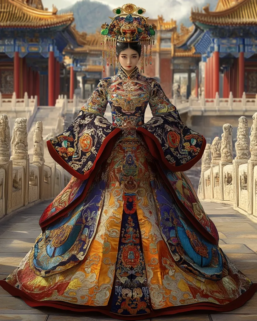 A regal woman stands on a stone bridge, adorned in an elaborate, richly colored Chinese imperial gown.  The flowing garment features intricate embroidery and designs in golds, reds, blues, and oranges. Her headdress is equally ornate, a phoenix-shaped crown adding to her majestic appearance. The background showcases a traditional Chinese palace, creating a visually stunning scene of imperial grandeur. The overall image is a breathtaking blend of historical costume and artistic vision.