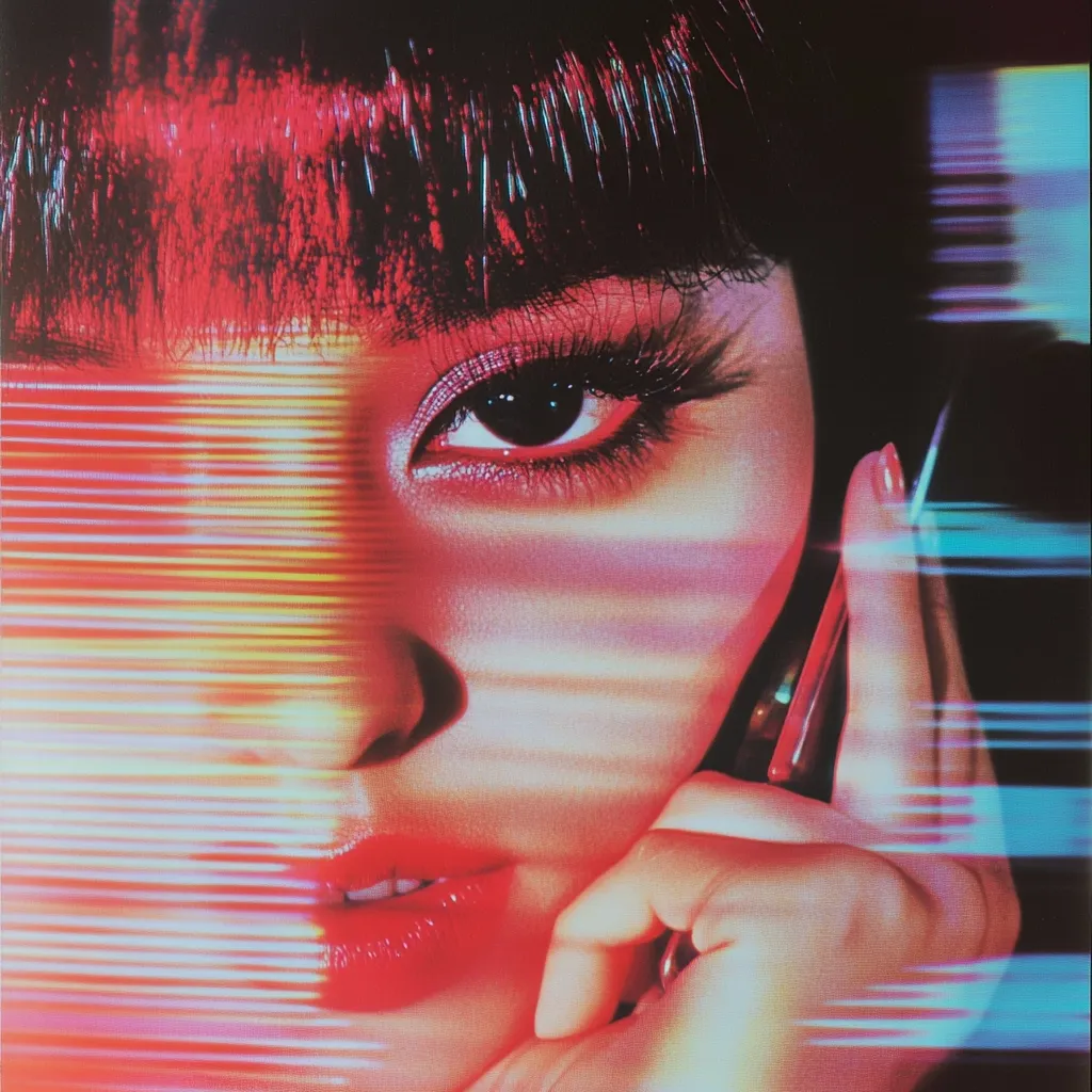 Here's a description of the image:

Close-up of a woman's face, partially obscured by a vibrant, stylized overlay of horizontal, multicolored lines suggesting a digital or technological effect.  Her dark hair is styled with blunt bangs.  She has dark, expressive eyes accentuated by makeup, and her lips are painted a bold red.  Her hand gently rests near her face, seemingly holding a phone, further adding to the technologically-infused aesthetic. The overall color palette is dominated by warm reds and pinks, contrasted with cool blues and yellows in the overlay. The image has a striking, almost cinematic, quality.