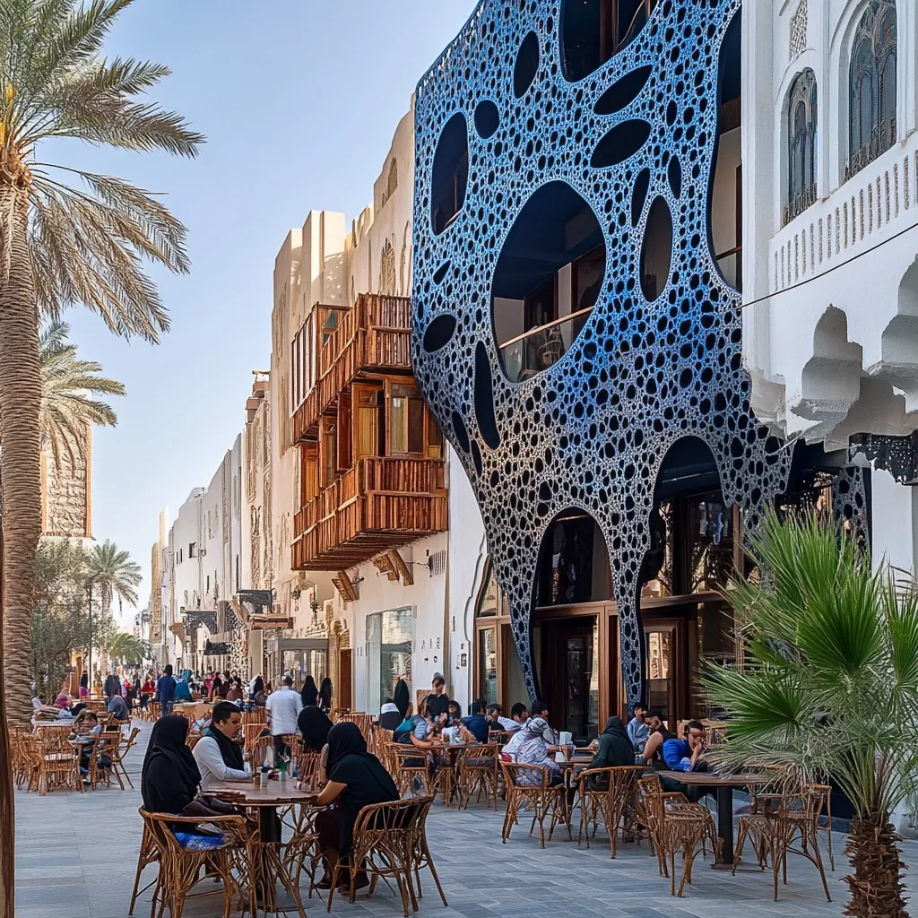 Here's a description of the image:

The photo shows a bustling outdoor café scene nestled within a vibrant street in what appears to be a Middle Eastern city. Traditional whitewashed buildings with wooden balconies line the street, contrasting sharply with a modern, striking structure featuring a dark blue, organic, almost coral-like facade. Patrons sit at wicker tables, enjoying the sunny day.  Palm trees add to the exotic ambiance. The overall impression is one of a successful blend of traditional and contemporary architecture, creating a lively and inviting public space.