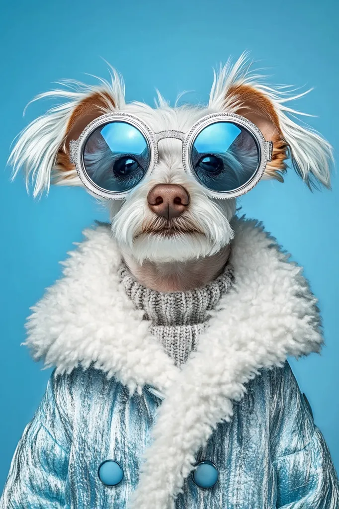 A small white dog, possibly a Shih Tzu or similar breed, is fashionably dressed in a light blue coat with a fluffy white collar and a grey turtleneck sweater.  Large, round, light blue sunglasses add a touch of quirky style.  The dog's expression is serious and slightly amused, contrasting with the playful attire. The backdrop is a solid light blue, which complements the dog's outfit. The image is a studio shot, professionally lit and styled.
