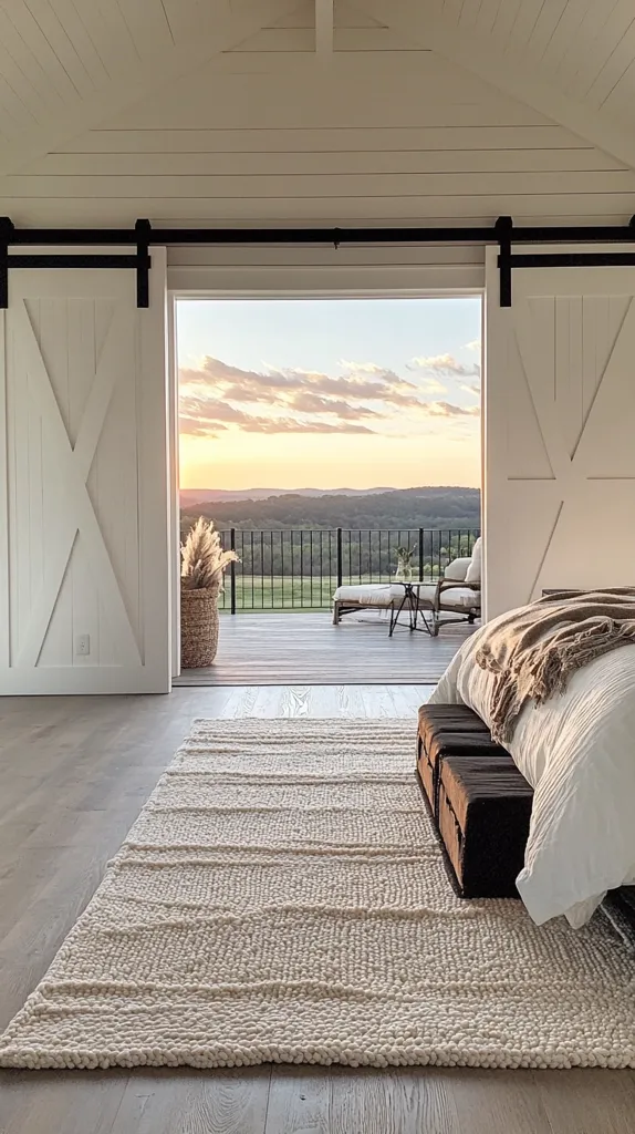 Here's a description of the image:

A bedroom with large white barn doors opening onto a deck overlooking a scenic sunset vista. The doors are on a sliding track system.  A plush, cream-colored rug anchors a comfortable bed with a neutral color palette. A woven basket sits near the open doors, and outdoor furniture is visible on the deck. The overall style is minimalist and modern farmhouse, with a serene and luxurious feel.  The image conveys a sense of calm and tranquility.