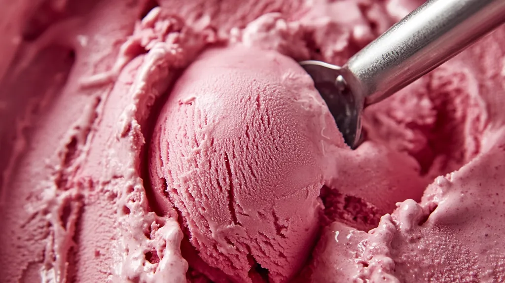 A close-up shot reveals a metal ice cream scoop extracting a generous portion of vibrant pink ice cream. The ice cream's texture is smooth yet slightly icy, with subtle swirls and air pockets visible.  The pink hue suggests a fruit-flavored variety, possibly strawberry or raspberry. The overall image is rich and creamy, emphasizing the texture and color of the frozen dessert.