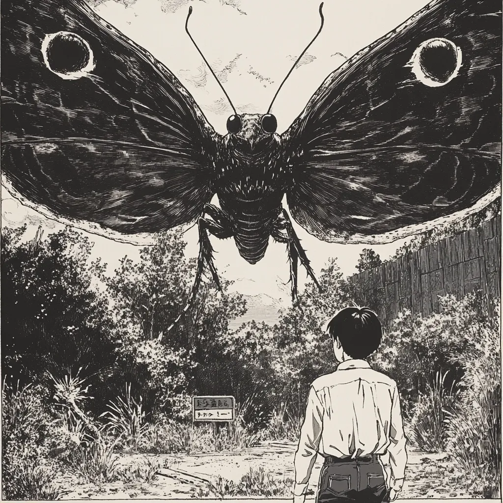 A black and white illustration depicts a colossal moth looming over a lone figure. The moth's wings are vast, detailed with intricate venation, and its body is insectoid, appearing menacing. The figure, a young person with short hair, stands with their back to the viewer, seemingly dwarfed by the creature. The background shows a path bordered by trees and what appears to be a signpost, suggesting a rural setting. The overall style is reminiscent of manga or graphic novel artwork, with heavy use of shading and contrast creating a dramatic and unsettling atmosphere.