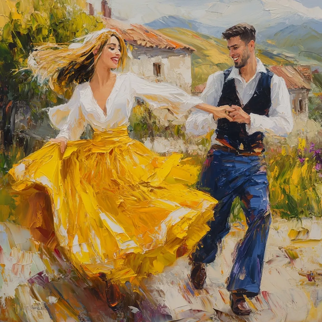 A vibrant oil painting captures a joyous couple dancing in a sun-drenched countryside. The woman, in a flowing yellow skirt and white blouse, twirls with abandon, her hair streaming behind her.  Her partner, dressed in a dark vest and blue trousers, grins, their hands clasped together.  The background depicts a rustic village nestled amongst rolling hills, under a slightly hazy sky. The impasto style of the painting lends a sense of movement and energy to the scene. The overall mood is one of carefree happiness and romantic abandon.