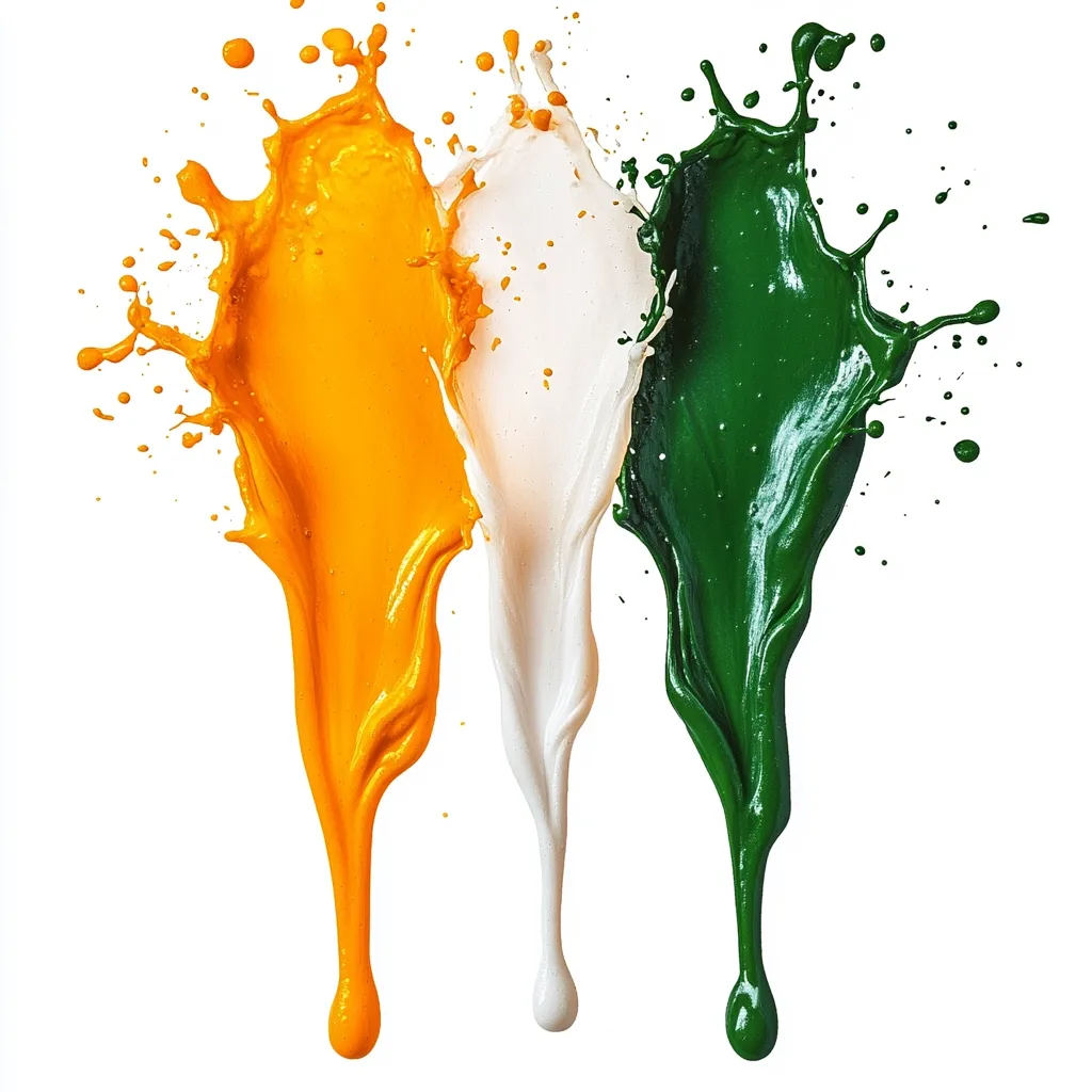 Here's a description of the image:

Three vibrant streams of paint, saffron, white, and green, splash dynamically against a stark white background.  The colors are intensely saturated and create a striking contrast.  Each stream exhibits a fluid, dynamic motion with splatter and droplets extending outwards, suggesting a powerful force. The overall arrangement evokes a sense of energy and celebration, perhaps reminiscent of a national flag.