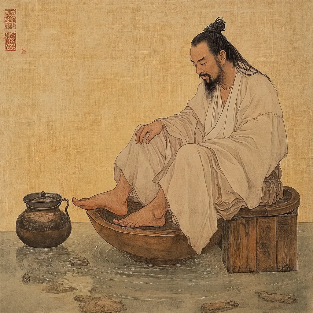 A contemplative man, depicted in a traditional East Asian style painting, sits with his bare feet in a wooden basin partially submerged in water.  He's dressed in flowing, light-colored robes, his head bowed in thought. A dark pot sits beside him on the ground, adding to the serene and somewhat meditative atmosphere.  The background is a muted yellow-beige, focusing attention on the central figure.  The overall impression is one of quiet reflection and simplicity.