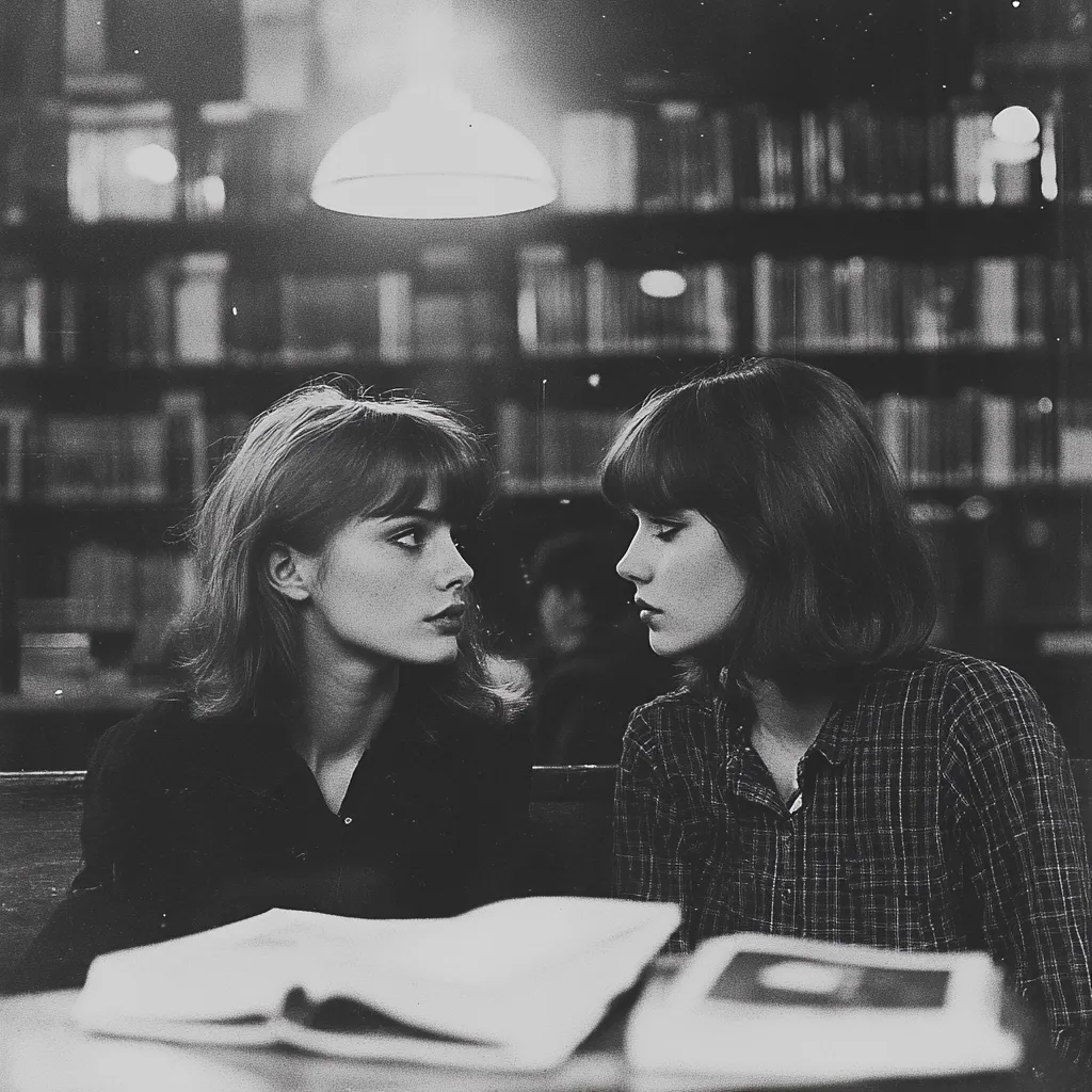 A black and white photograph captures two young women, their faces in close proximity, engaged in an intimate conversation.  Both possess short, blunt bangs framing their features. They sit in a dimly lit library, the shelves filled with books forming a blurred background. A soft light illuminates the scene from above.  The women are dressed in simple, dark clothing, lending a vintage, possibly 1960s, feel to the image. The atmosphere is quiet and contemplative. A book lies open on the table between them.