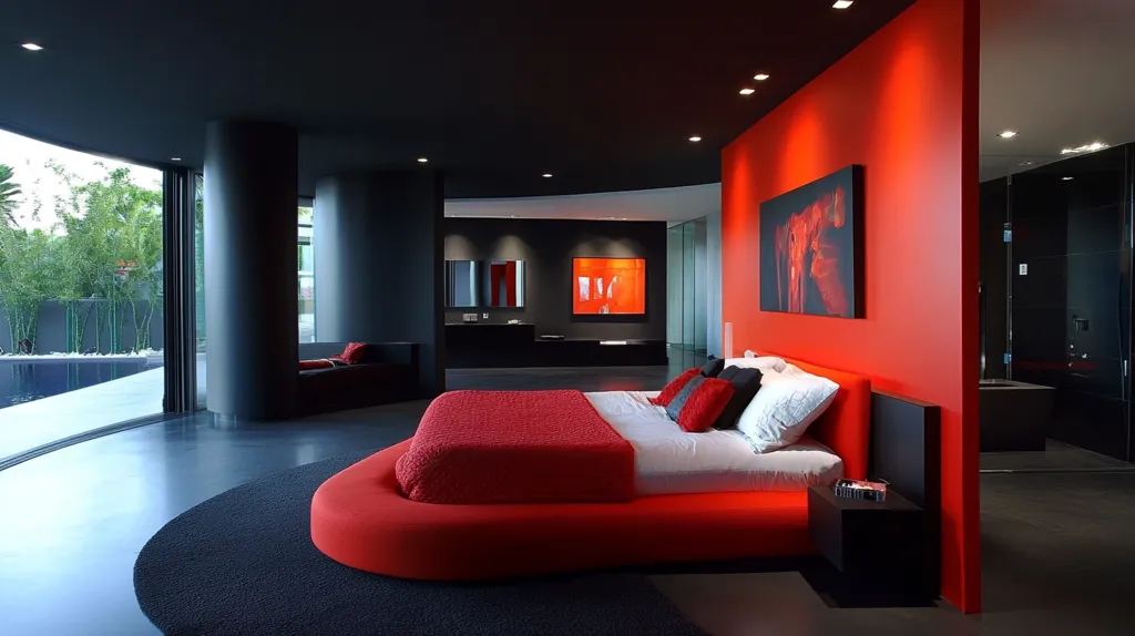 A modern bedroom features a striking contrast of black and red. A large, circular red bed takes center stage, complemented by black walls and floor.  A red wall, partially separated by a black partition, showcases a vibrant abstract painting.  Floor-to-ceiling windows offer views of a tranquil outdoor pool and lush greenery. The overall design is sleek, minimalist, and luxurious.  Subtle lighting enhances the dramatic color scheme.