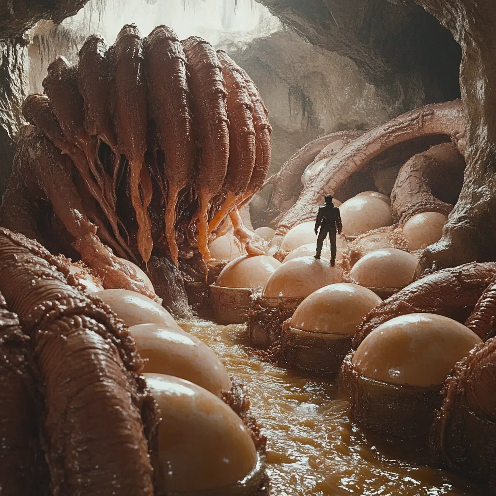 A lone figure stands amidst a surreal, subterranean landscape.  A massive, fleshy, organic structure dominates the scene, its many tendrils dripping into a murky stream that flows between numerous large, pale orbs. The cave walls are rough and uneven, lit by an unseen light source.  The overall impression is one of alien biology and a mysterious, possibly dangerous, environment. The image evokes feelings of both awe and unease.
