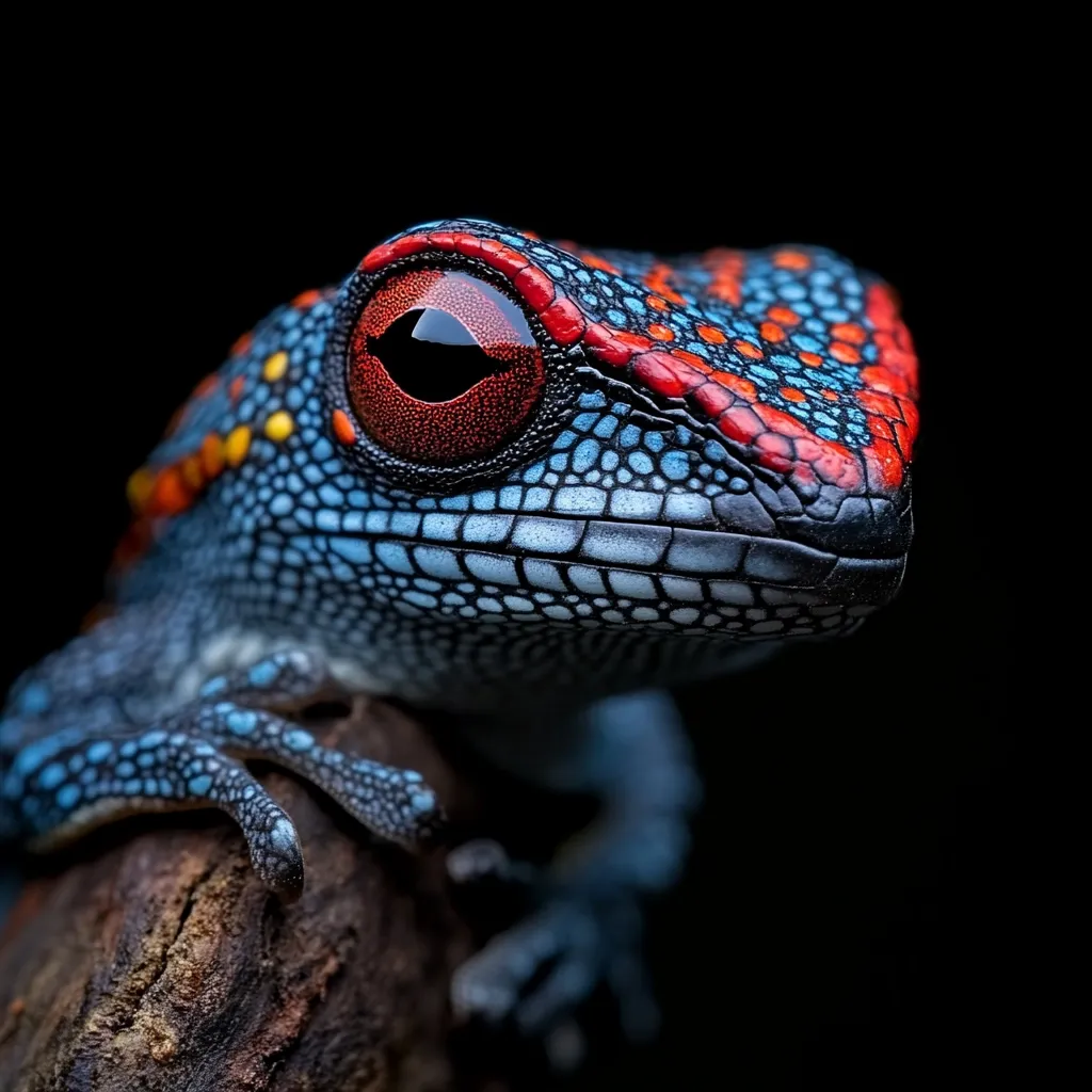 Here's a description of the image:

Close-up view of a vibrant, small frog or lizard.  Its skin is predominantly a deep blue with intricate, textured patterns.  Bright red markings accentuate its head and upper body, speckled with smaller orange and yellow spots. The creature's large, captivating red eye dominates one side of the frame. It’s perched on a dark, textured branch against a stark black background, making the amphibian’s colors pop. The image showcases exceptional detail and clarity, highlighting the reptile's unique coloration and skin texture.