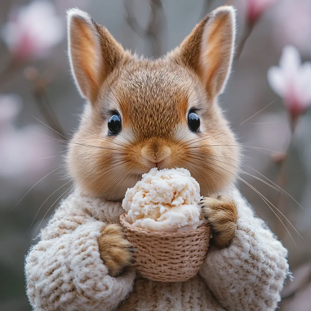 Here's a description of the image:

Close-up view of an adorable, small brown rabbit wearing a cream-colored knitted sweater.  The rabbit's large, dark eyes are captivating. It's holding a small, woven cup containing a scoop of what appears to be vanilla ice cream, which it's gently nibbling. The background is softly blurred, showing delicate pink magnolia blossoms and branches, creating a charming, springtime setting.  The overall image is incredibly cute and evokes feelings of warmth and gentleness.