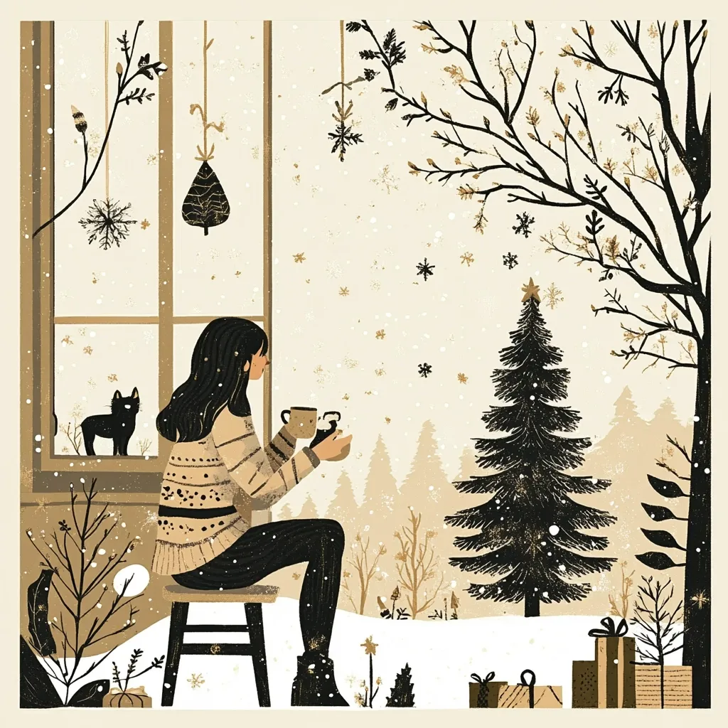 Here's a description of the image:

The illustration depicts a cozy winter scene. A woman sits on a stool by a window, holding two mugs, gazing out at a snow-covered landscape featuring a Christmas tree and presents.  The room is decorated with simple, hanging ornaments. A small black cat sits on the windowsill. The style is minimalist, using a muted color palette of creams, browns, and blacks, creating a peaceful and serene atmosphere.  The overall mood is one of quiet contemplation and holiday warmth.
