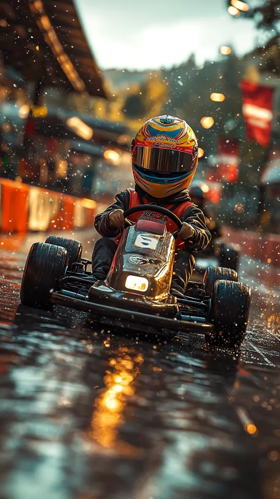 A young go-kart racer, clad in a vibrant yellow and red helmet, navigates a rain-slicked track.  Water droplets splatter around the kart, adding a dramatic effect to the image.  The background is blurred, highlighting the focus on the driver and their machine.  The scene is vibrant with warm-toned lights in the background, creating a dynamic and exciting atmosphere of a night race.