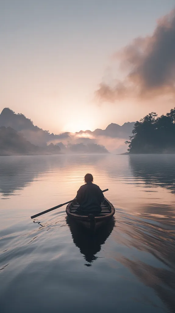 Here's a description of the image:

A lone figure rows a small wooden boat across a calm lake at sunrise.  Misty mountains frame the tranquil scene under a soft, pastel sky. The water reflects the colors of the dawn, creating a serene and peaceful atmosphere.  The rower's back is to the viewer, their silhouette a small point of focus against the vast expanse of nature. The overall mood is one of solitude and contemplation.