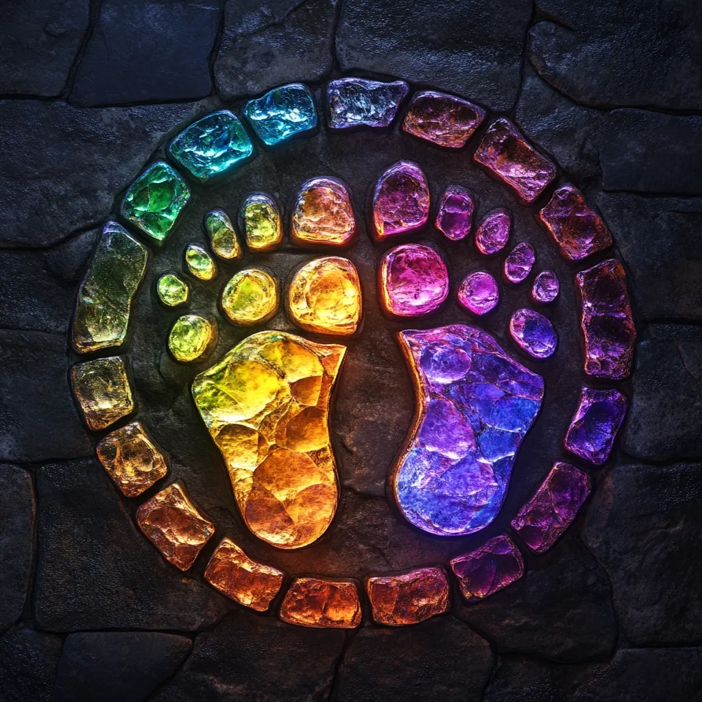 Here's a description of the image:

The image showcases a circular mosaic embedded in a dark stone wall.  The mosaic depicts two footprints, each formed from iridescent, jewel-toned stones that glow with a vibrant spectrum of color, ranging from warm oranges and yellows to cool blues and purples.  The stones surrounding the footprints create a border, completing the circular design. The overall effect is mystical and visually striking, suggesting a magical or symbolic representation.  The contrast between the brightly lit mosaic and the dark stone wall intensifies the image's captivating quality.