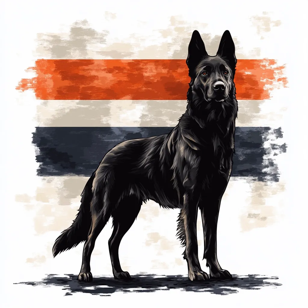 Here's a description of the image:

The illustration showcases a majestic black German Shepherd dog standing proudly against a stylized, faded background resembling a flag. The dog is depicted in a realistic style, with detailed fur and musculature. Its posture is alert and dignified. The flag-like background features horizontal bands of orange, off-white, and dark blue, painted in a somewhat distressed or grunge aesthetic, giving the image a sense of vintage or patriotic feeling. The overall style blends realism with a painterly, slightly abstract touch.