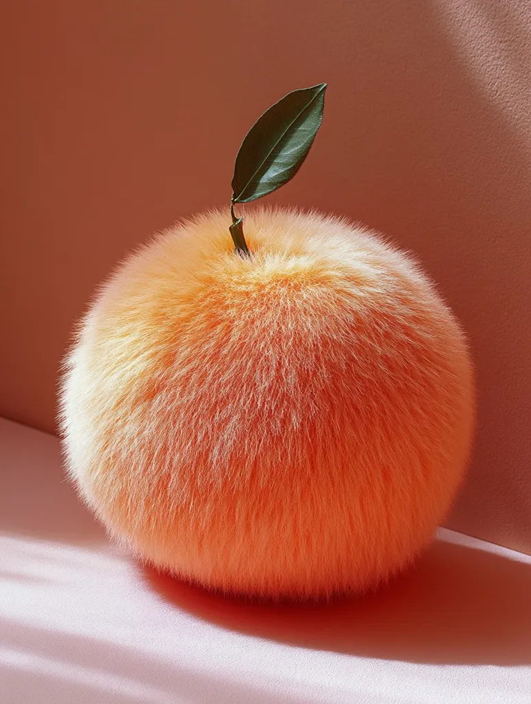 Here's a description of the image:

The image shows a striking, surreal object: a sphere of long, fluffy, peach-colored fur.  It's remarkably realistic in its texture and coloring, mimicking the appearance of a large, fuzzy orange. A single, dark green leaf sits atop, completing the illusion of a fruit. The fur is uniformly textured, and the sphere rests on a pale pink surface, with soft shadows indicating a gentle light source. The overall aesthetic is both playful and slightly unsettling due to the unexpected material of the "orange".