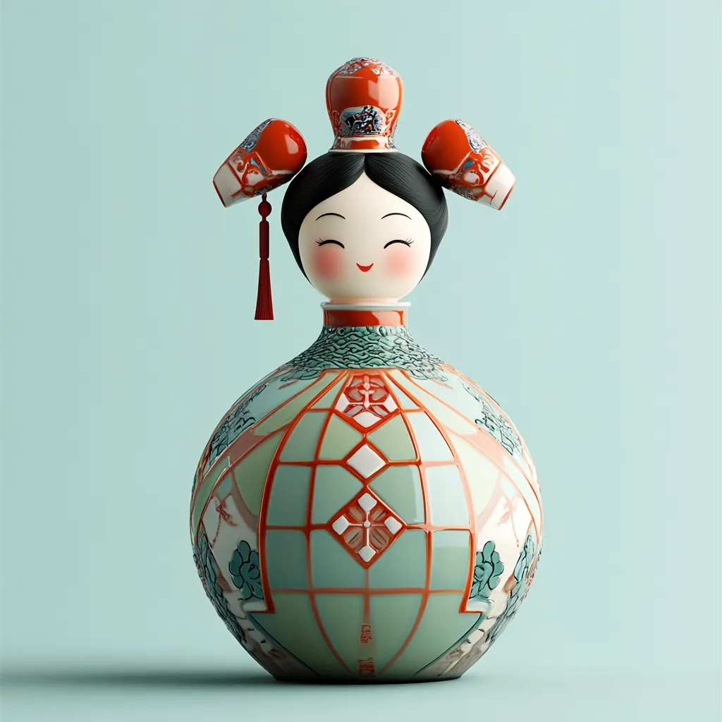A charming ceramic figurine resembling a stylized Asian doll.  The doll, with a cheerful expression, wears a red and gold headdress and ornate, patterned clothing. Its round body is a pale green with geometric designs in red and white.  The overall aesthetic blends traditional Asian design elements with a modern, whimsical interpretation. The doll sits against a soft, pale teal background.
