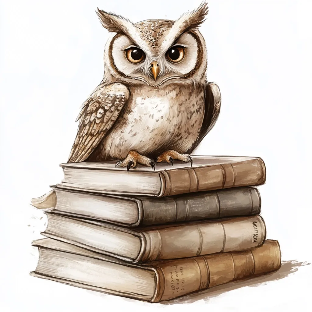 Here's a description of the image:

A digitally painted illustration depicts a wise-looking owl perched atop a stack of antique books. The owl, rendered in shades of brown and beige, has large, expressive eyes. Its feathers are detailed, giving a realistic texture. The books below are aged and worn, with visible texturing and subtle color variations suggesting age and use.  The overall style is reminiscent of vintage book illustrations, creating a scholarly and somewhat whimsical mood.  The background is a plain white, allowing the owl and books to be the focal point.