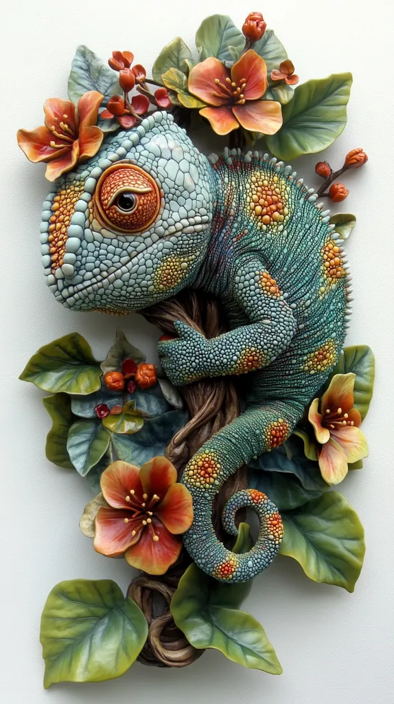 A stunning, intricately detailed sculpture depicts a chameleon clinging to a branch amidst vibrant foliage. The chameleon's textured skin showcases a teal and orange pattern.  Surrounding it are realistically sculpted flowers in shades of burnt orange and red, complemented by lush green leaves.  The artwork is a three-dimensional masterpiece, showcasing exceptional artistry and attention to detail in the rendering of both the reptile and the botanical elements. The piece appears to be made from polymer clay or a similar material.