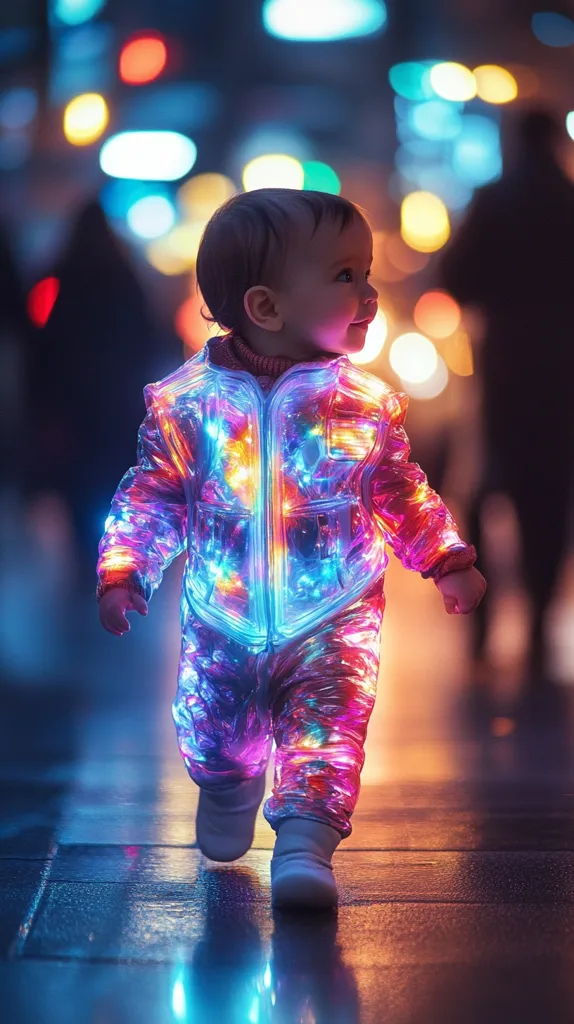 A toddler, dressed in a vibrant, iridescent jumpsuit, strolls through a city at night.  The suit glows with embedded lights, mirroring the colorful bokeh of the blurred streetlights behind.  The child's face is partially turned, gazing towards a bright area, creating a magical and enchanting scene. The wet pavement reflects the neon glow, enhancing the overall futuristic atmosphere.