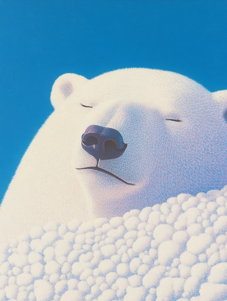Here's a description of the image:

The artwork depicts a polar bear peacefully sleeping. Its eyes are closed, and its expression is serene. The bear's fur is depicted with meticulous detail, appearing soft and fluffy.  The bear rests on a textured surface that resembles a mass of snow or small, fluffy clouds, contrasting with the clear, bright blue sky visible above. The overall style is realistic yet dreamlike, with a focus on soft textures and a calm, peaceful atmosphere. The color palette is limited, mainly consisting of whites, blues, and subtle hints of other cool colors.