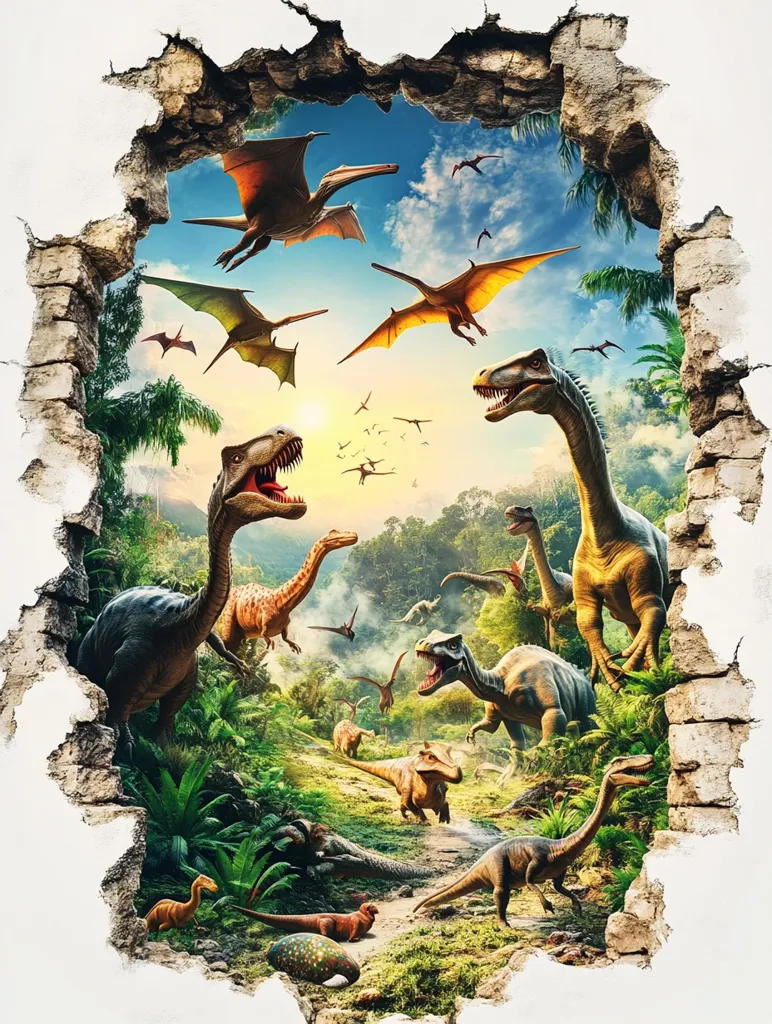 A vibrant scene depicting a prehistoric jungle bursts through a cracked wall.  Numerous dinosaurs, both large and small, populate the lush landscape.  Pterosaurs soar overhead, while various species of theropods and sauropods interact below. The detailed artwork showcases a diverse range of dinosaurs in a vibrant, sun-drenched setting, creating a captivating visual of a bygone era.  The contrast between the rough wall and the smooth, detailed prehistoric scene is striking.