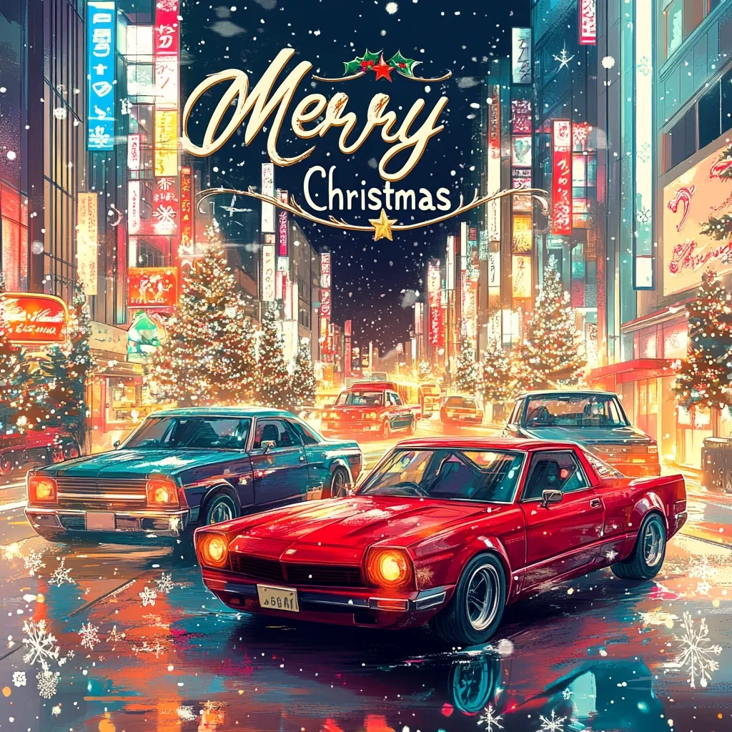 A vibrant Christmas scene unfolds on a snowy, brightly lit Japanese street.  "Merry Christmas" is prominently displayed against a backdrop of bustling city buildings adorned with festive lights and Christmas trees.  Three classic cars, a teal coupe, a red sports car, and a gray sedan, navigate the wet street, adding a dynamic element to the festive atmosphere.  The image blends a nostalgic, almost dreamlike quality with the energetic vibrancy of a city at night.  Snow gently falls, enhancing the magical Christmas setting.