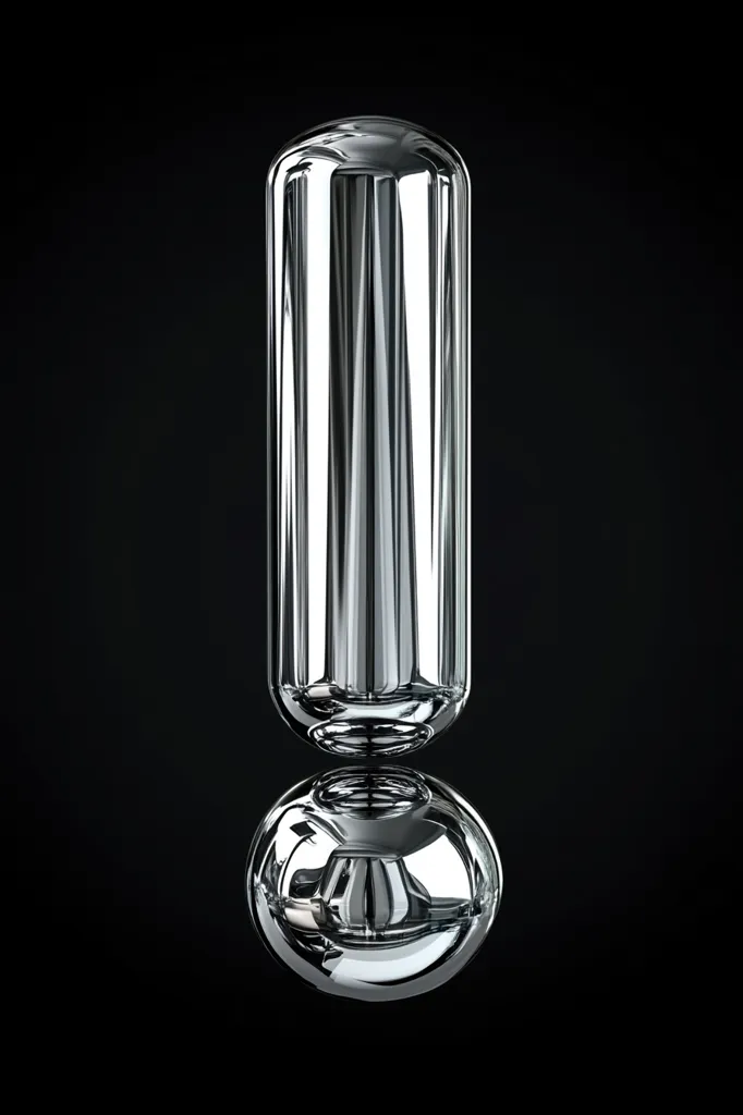 Here's a description of the image:

The image shows a highly polished, chrome-like exclamation point rendered in three dimensions. The exclamation mark is composed of two parts: a vertically oriented cylindrical section with subtle, vertical linear texturing reflecting light, and a spherical base. Both parts are flawlessly reflective, mirroring the surrounding dark background. The overall effect is sleek, modern, and striking against the black backdrop.