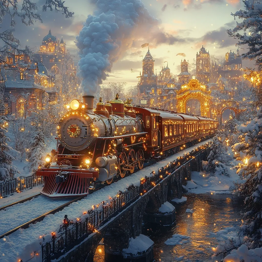 A whimsical, digitally rendered image depicts a vintage steam train, adorned with twinkling fairy lights, traversing a snow-covered bridge. The train, emitting a plume of steam, passes through a charming, snow-dusted town nestled beneath a soft, twilight sky.  Castle-like structures illuminate the backdrop, adding a touch of fairytale magic to the scene.  Warm golden lights create a festive, winter atmosphere, evoking a sense of wonder and nostalgia.