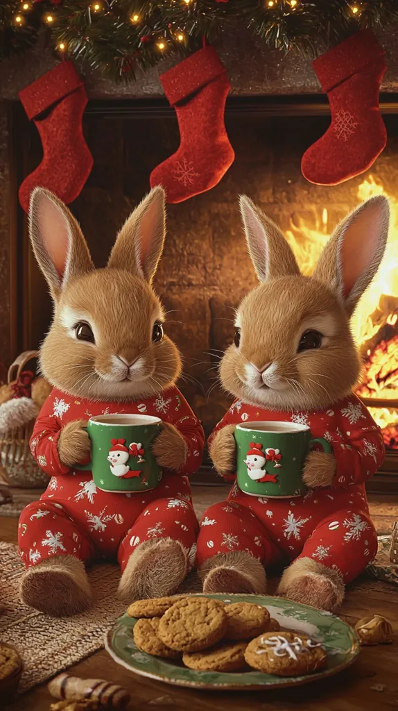 Two adorable brown bunnies, dressed in matching red Christmas pajamas, sit by a fireplace.  Christmas stockings hang from the mantelpiece above a roaring fire.  Each bunny holds a green mug, seemingly filled with a warm beverage.  A plate of oatmeal cookies sits on the floor between them, adding to the cozy, festive scene. The image evokes feelings of warmth, comfort, and holiday cheer.